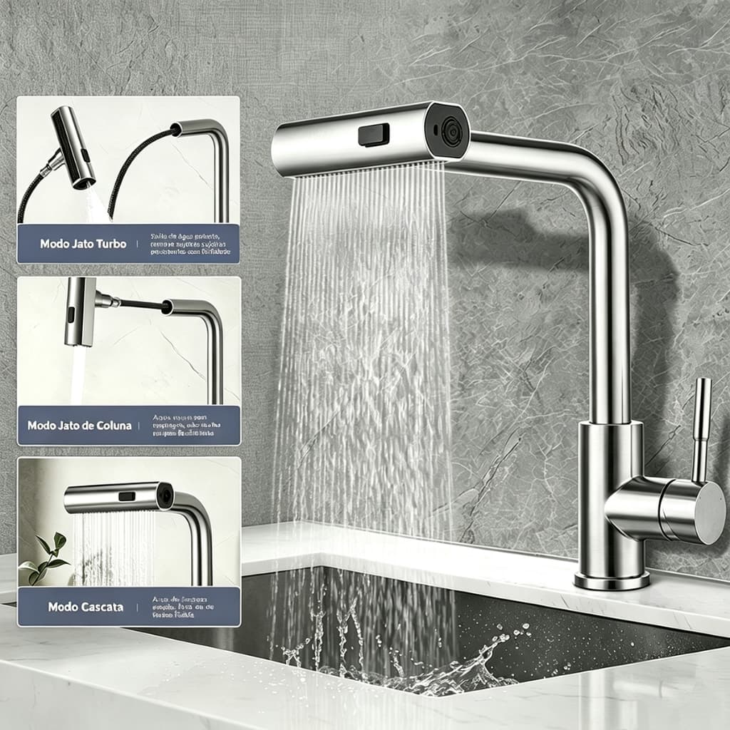 Torneira Cozinha Monocomando Inox 304 Água Fria e Quente com Bica Móvel 3 Modos de Vazão – Sobrepor ou Embutir
