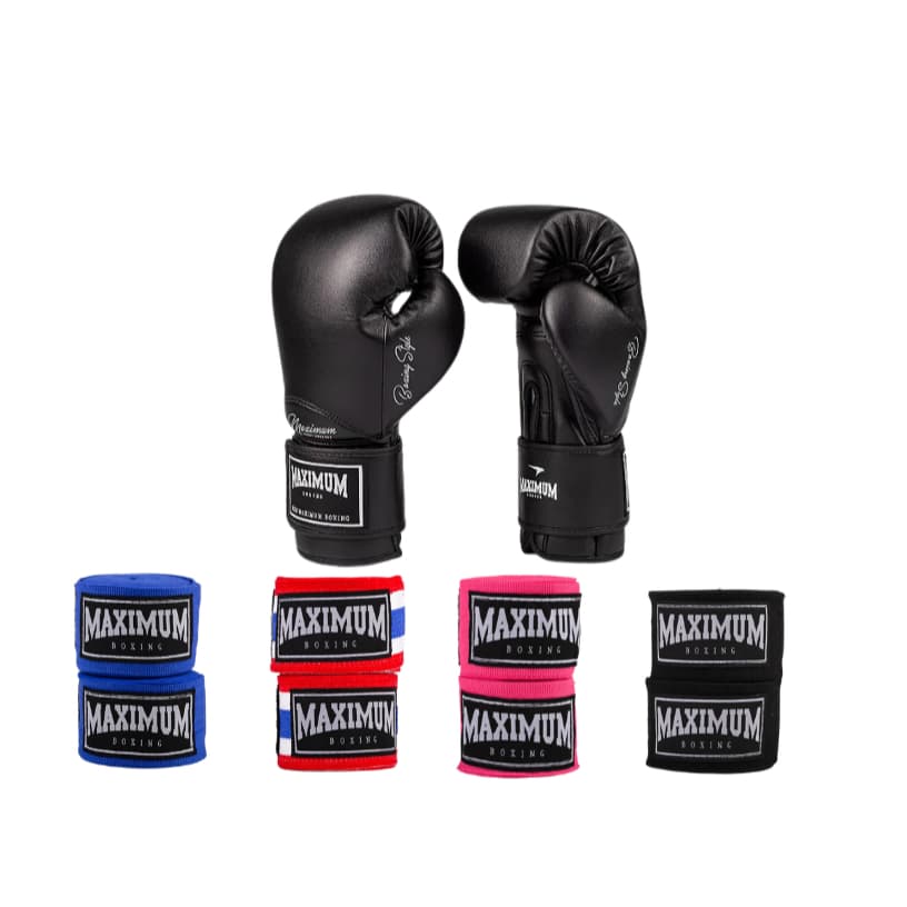 LUVA CLASSIC PRETA E BANDAGEM MAXIMUM- BOXE/MUAY THAI