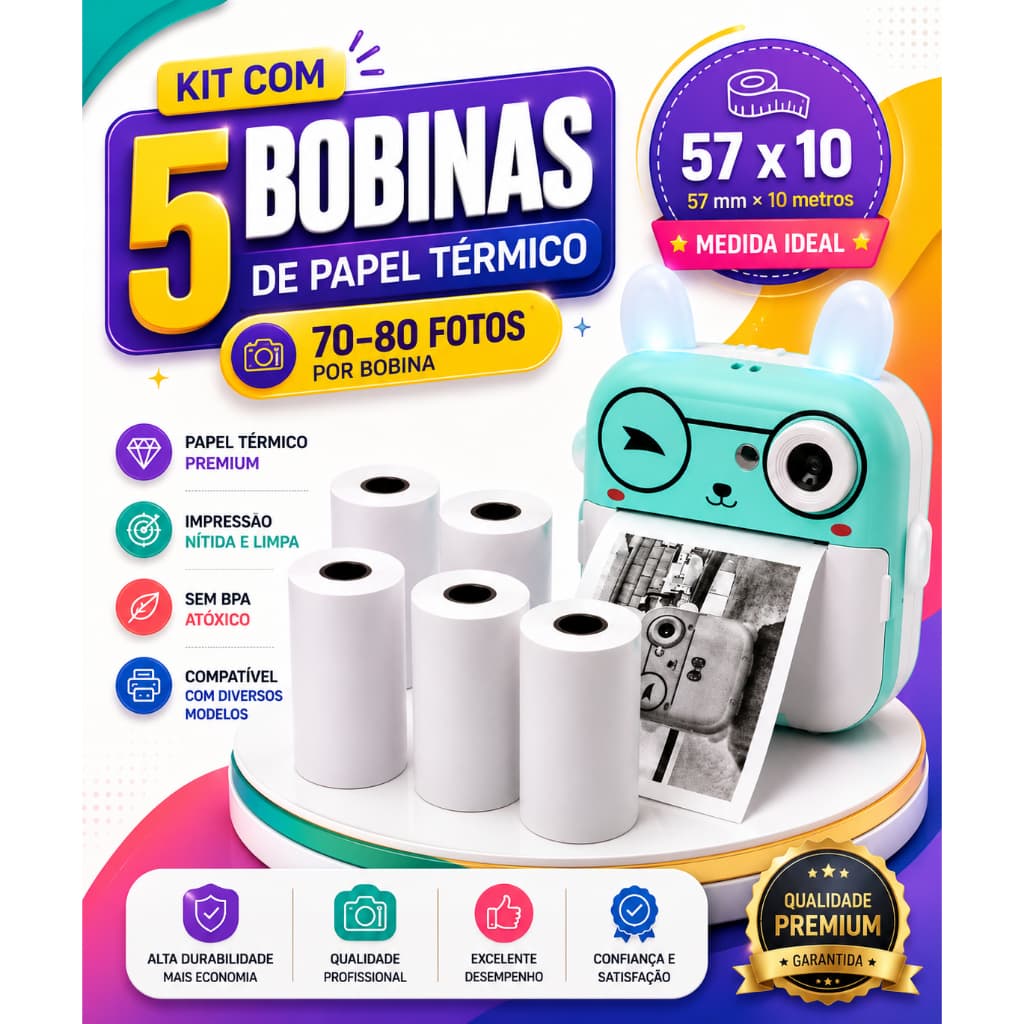 5 Bobinas Papel Térmico 57x10 Mini Impressora Papel Fotográfico Térmico Premium