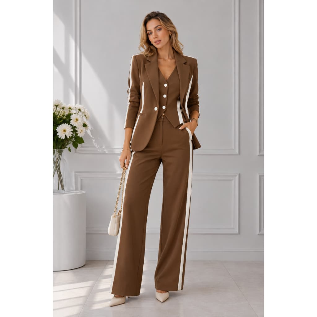 Conjunto Feminino 3 Peças Blazer Colete e Calça Alfaiataria com Faixa Lateral Look Elegante