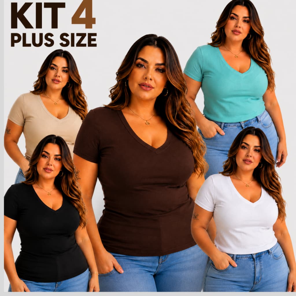 KIT 4 BLUSAS FEMININA PLUS SIZE  VICOLAYCRA GOLA V G1 G2 G3 BASICA CONFORTÁVEL