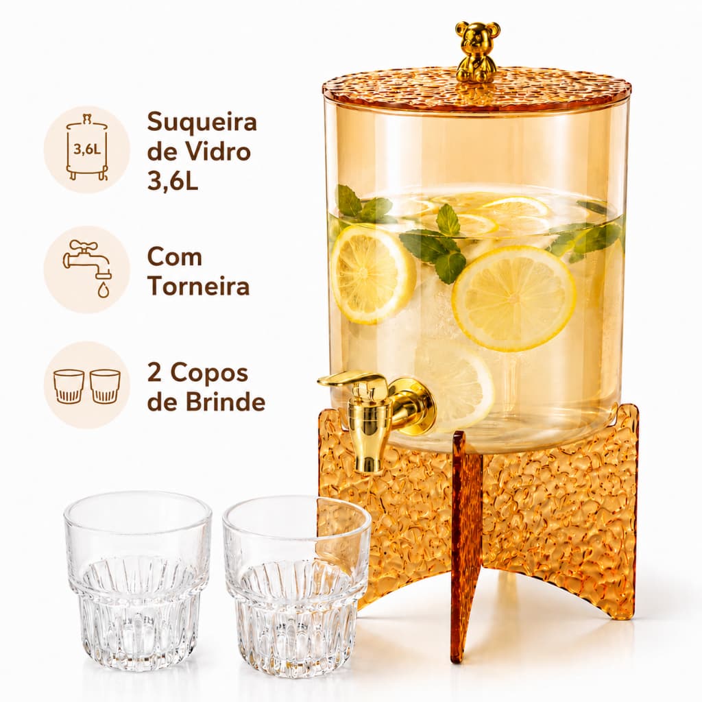 Suqueira de Vidro Âmbar 3,6L com Torneira + 2 Copos | Dispenser de Bebidas para Suco Água Festa Mesa Posta