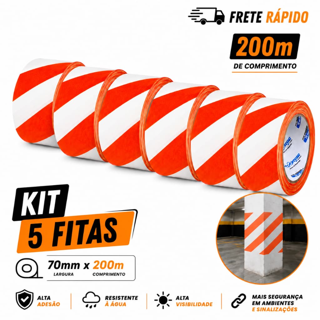 Kit 5 Fitas Zebrada Isolamento Plastcor 70mm x 200m Laranja Branca Sinalização Segurança Demarcação