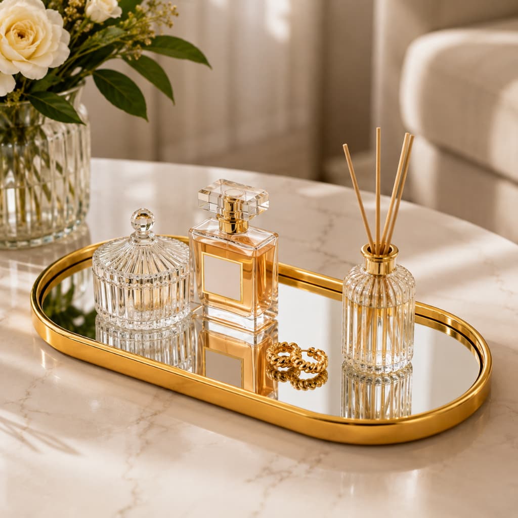 Bandeja Espelhada Dourada Decorativa Porta Perfumes Maquiagem Joias para Lavabo Banheiro Sala