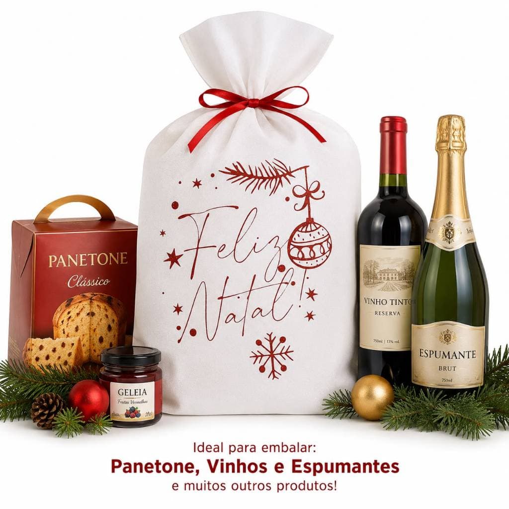 Kit Sacolas de Natal embalagem natalina panetone vinho acompanha fita de cetim