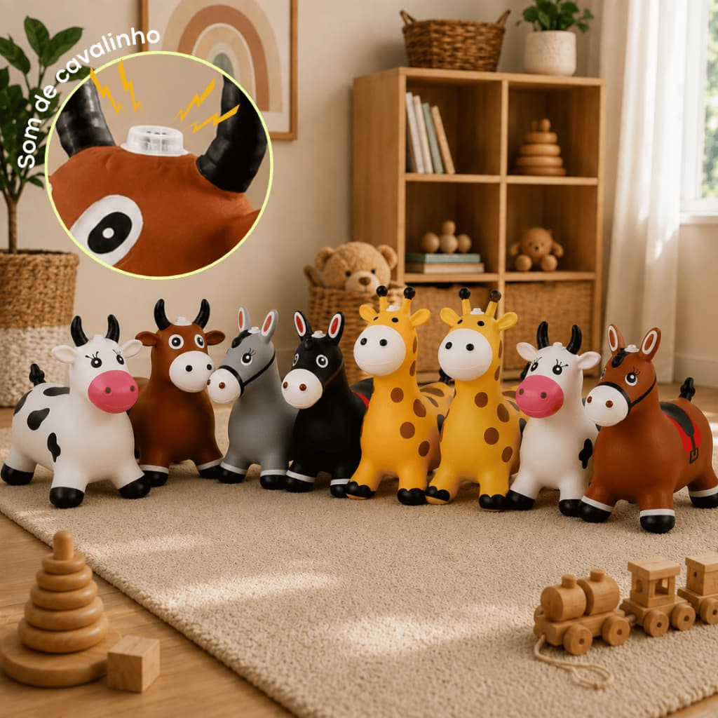 Kit 2 Cavalinho Vaquinha Burrinho Girafa Upa Upa Infantil Pocotó Pula Pula Inflável Borracha Luz Som Criança
