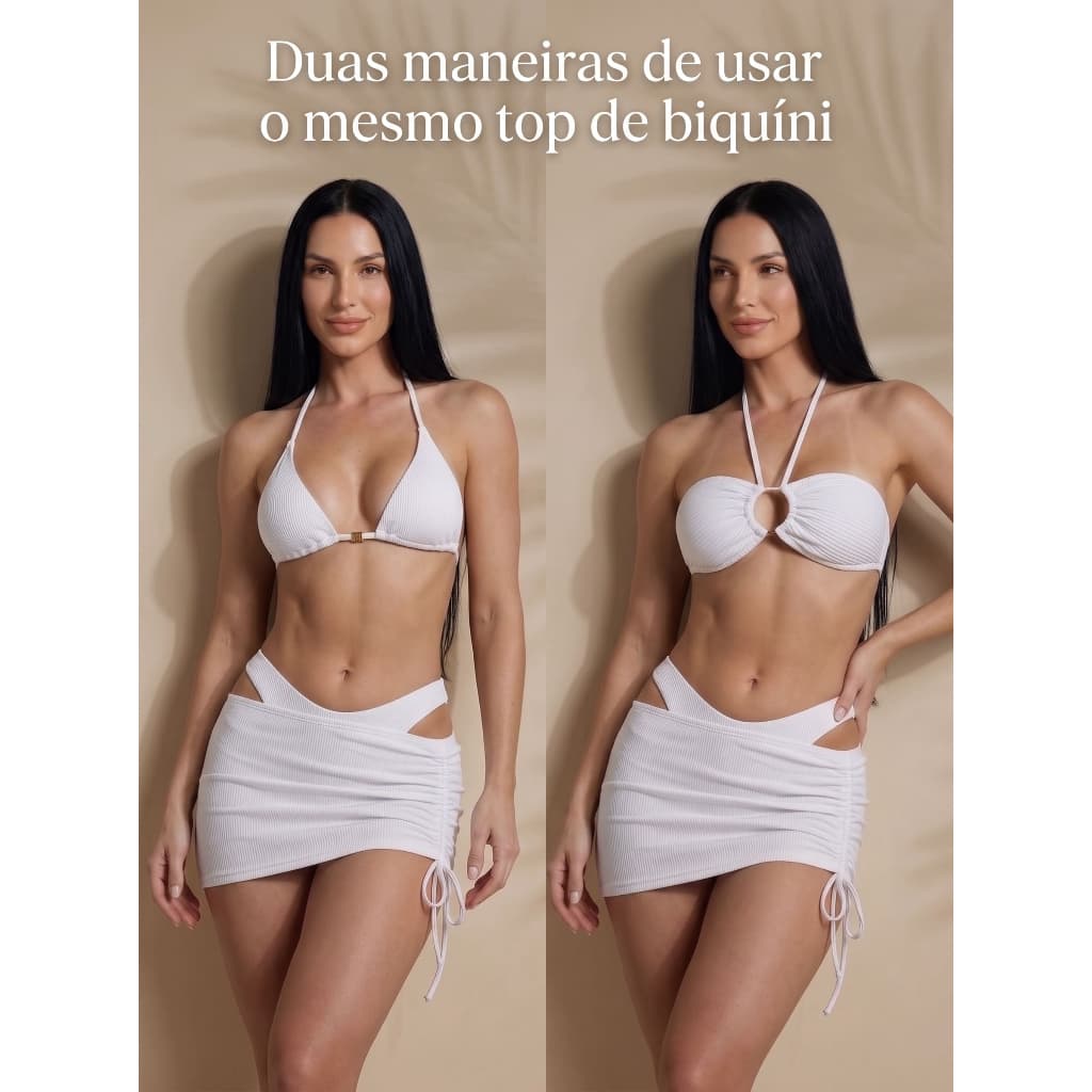 Conjunto de 3pçs Biquini + Saída de Praia Saia Top Cortininha com Amarração e Bojo Calcinha Aviador Fio Duplo