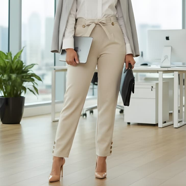 Calça Linho Social Fashion Feminina Alfaiataria Cintura Alta com Laço Mulher Elegante Trabalho