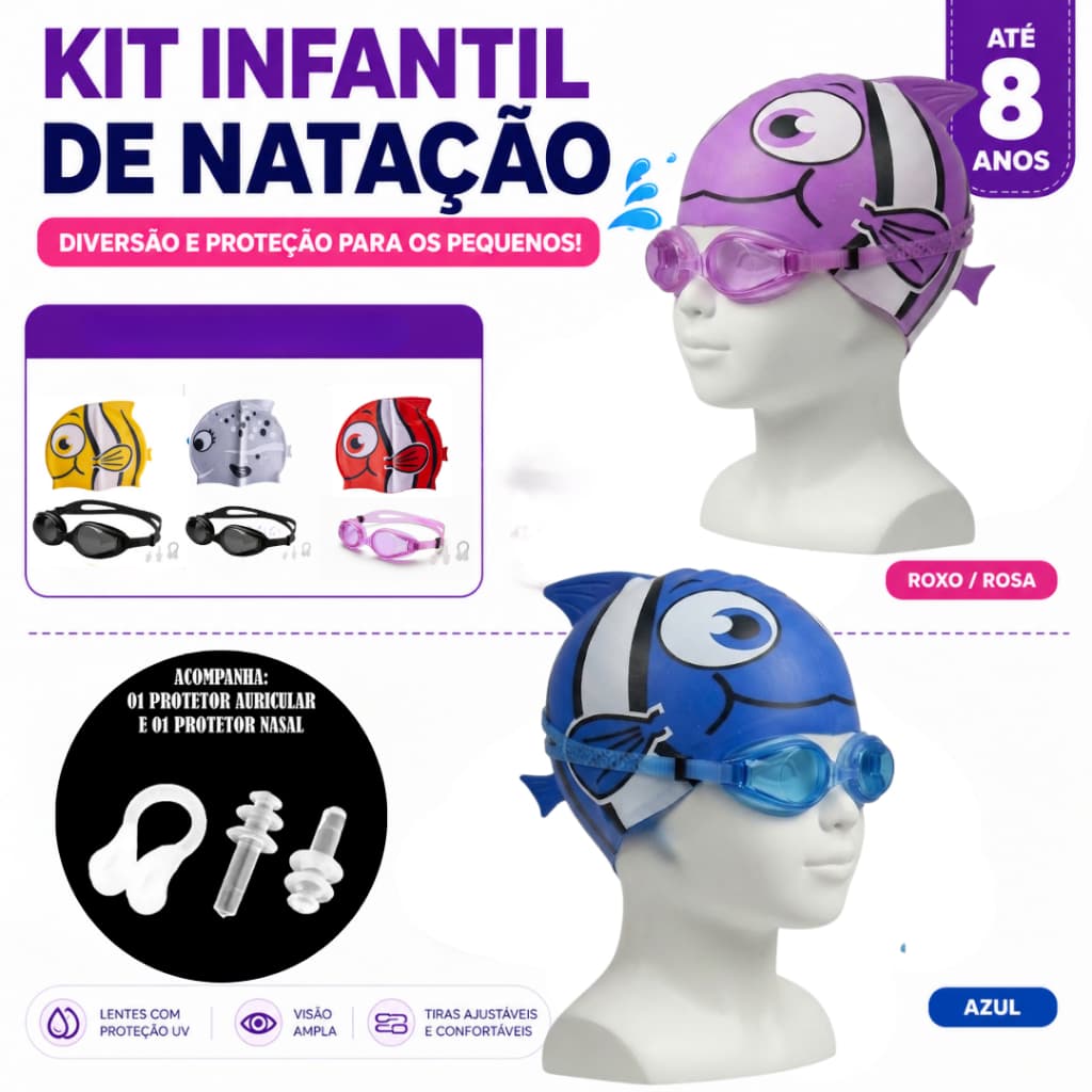 Kit Natação  Infantil Touca de Silicone Peixinho e Óculos Com Protetor de Nariz E Ouvido