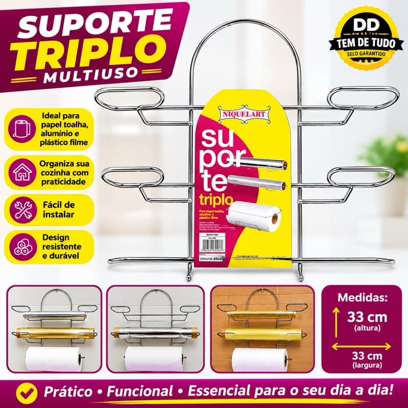 Suporte Triplo Organizador de Cozinha Parede Aramado Cromado Para Papel Toalha, Alumínio e Plástico Filme Niqu