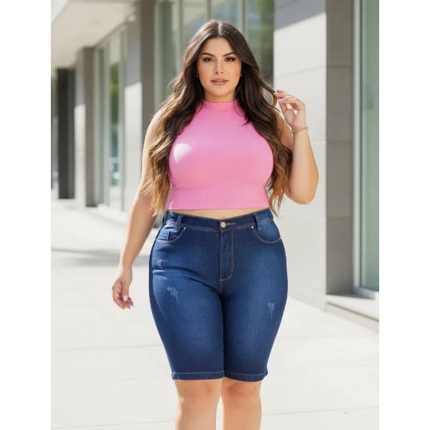 Bermuda Jeans Ciclista Plus Size Feminino Com Lycra Até 54