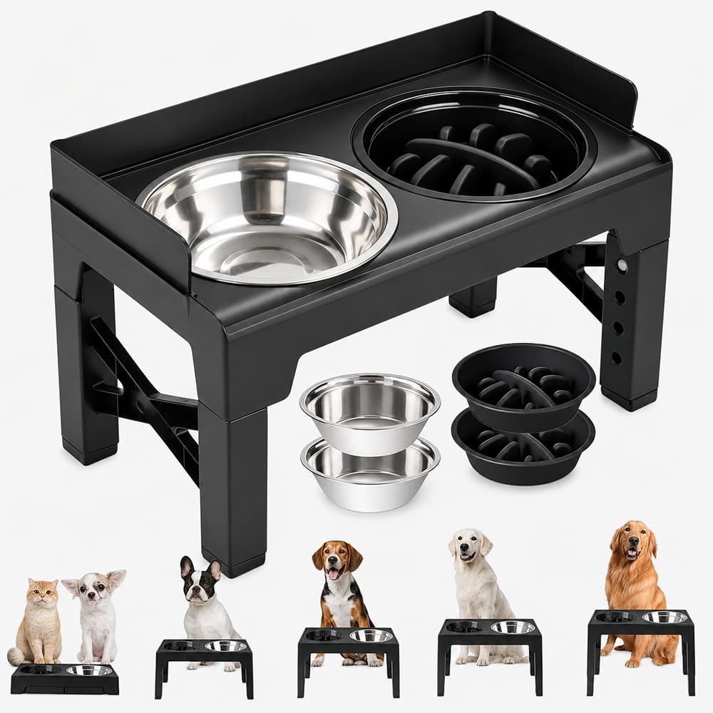 Comedouro Elevado Ajustavel para Caes e Gatos 5 Alturas com Tigelas Inox e Comedouro Lento