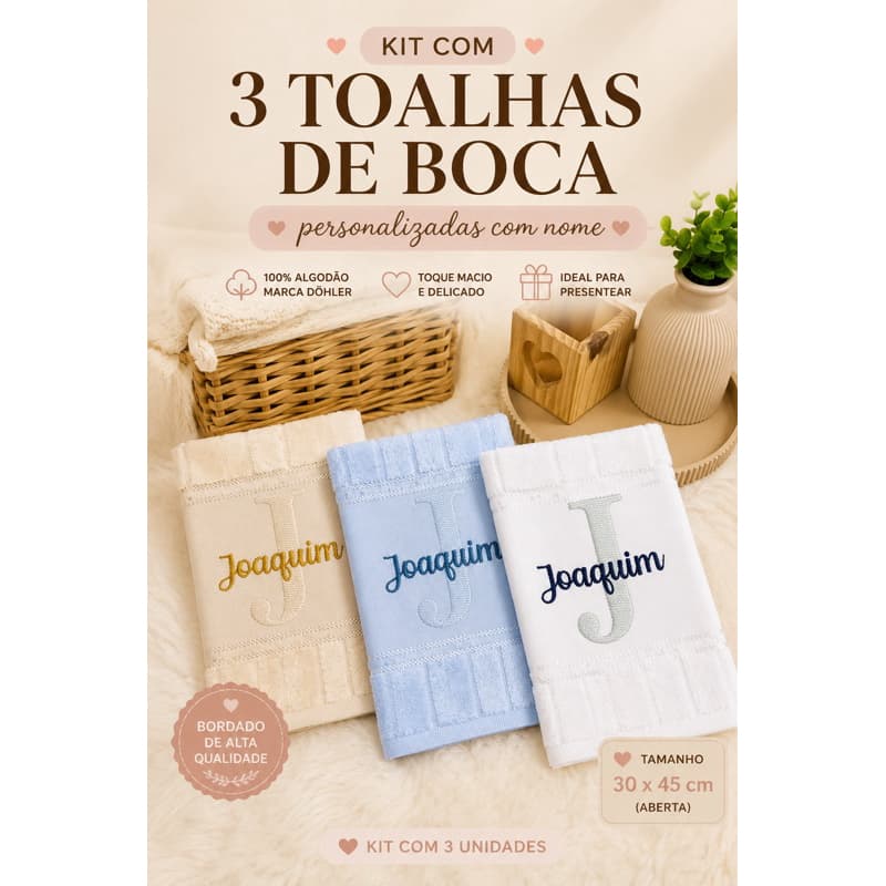 Kit 3 Toalhas de Boca Personalizadas com Nome Bebê Döhler 100% Algodão 30x45cm