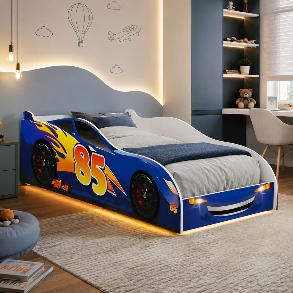 Cama Carro com Colchão Incluso - Montessori com Laterais Elevadas Segura Carro Corrida Azul