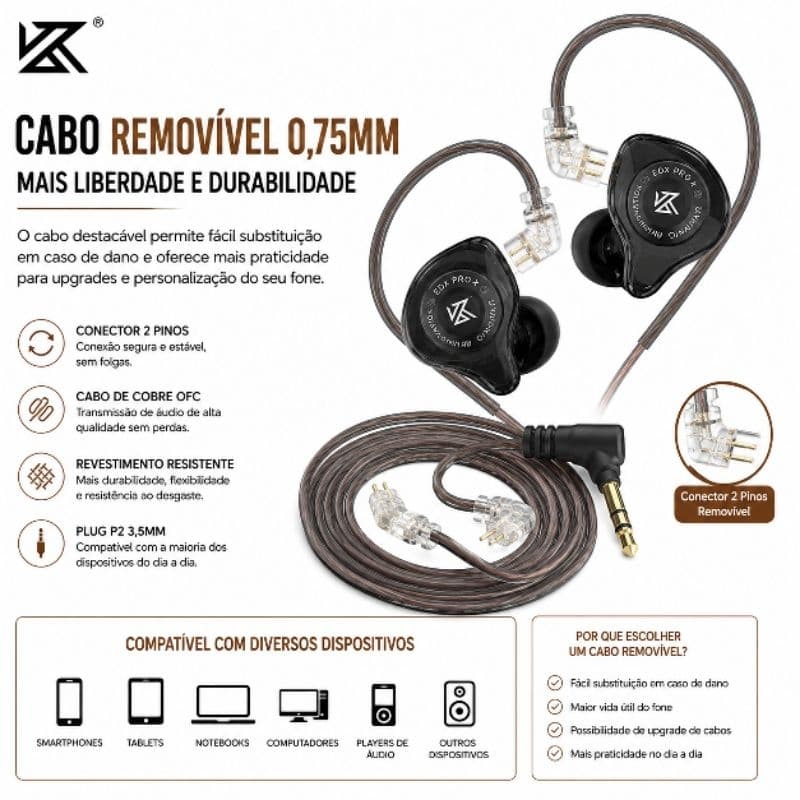 Fone KZ EDX Pro X In Ear Monitor Retorno de Palco Hi-Fi Cabo Removível 2 Pinos
