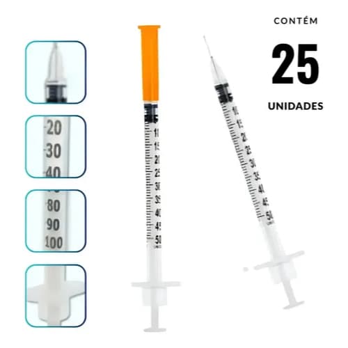 Seringa 0,5ml com agulha fixa 6x0,25mm kit 25 unidades SR para insulina botox