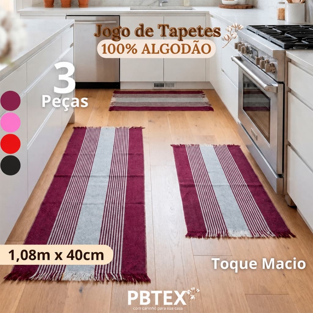 Jogo De Tapetes  3 Peças Cozinha Várias Cores Listradas Algodão 100%