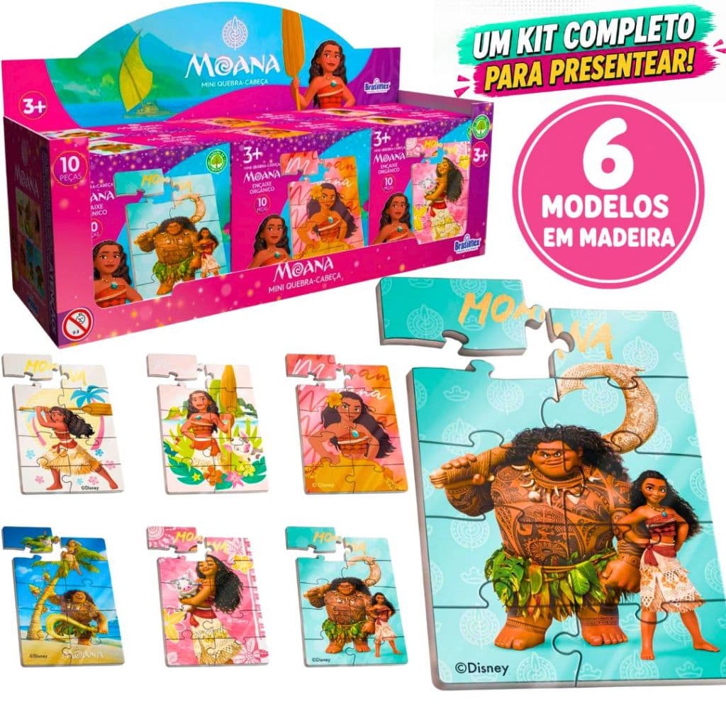 Kit 6 Quebra Cabeça em Mdf Moana Maui Disney 10 Peças Jogo Pedagógico Infantil Lúdico Educativo