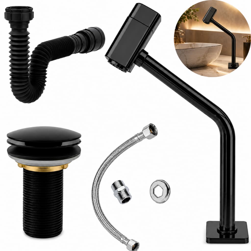 Kit Banheiro Torneira Lavatório Quadrada Preta+ Válvula Click 7/8 + Sifão Preto+ Rabicho Engate 40cm
