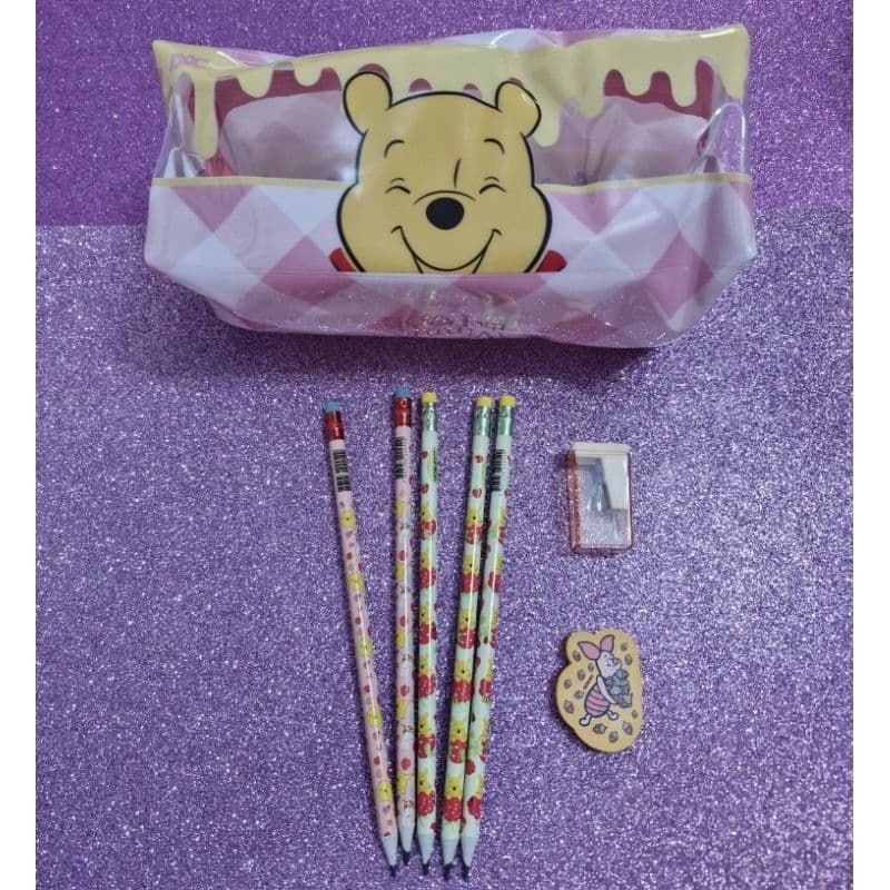 Kit escolar Ursinho Winnie Pooh com estojo grande lápis apontador e borracha papelaria fofa