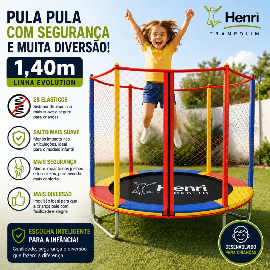 Cama Elástica Pula Pula 140cm Henri Trampolim Evolution Infantil Rede Proteção com Zíper Diversão