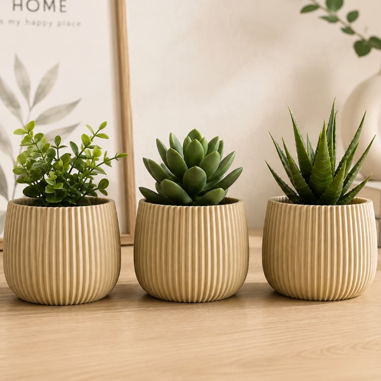 Kit 3 Vasos Decorativos Canelados Para Plantas Suculentas Decoração Casa