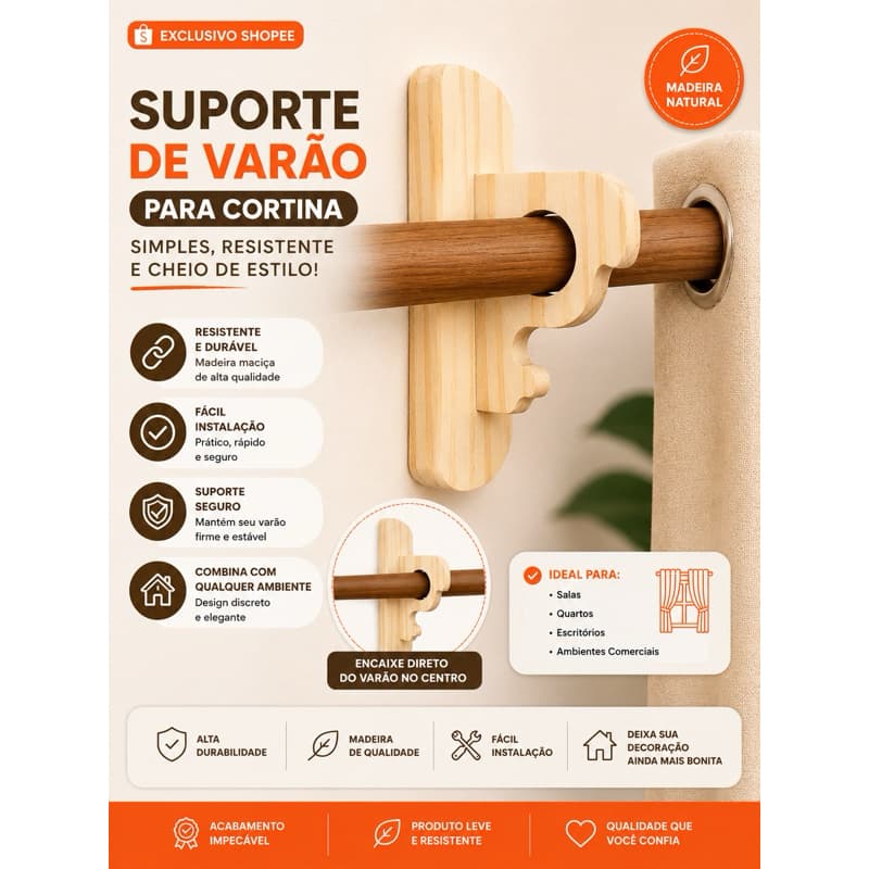 Suporte de cortina varão decorativo quarto cozinha de madeira pinus