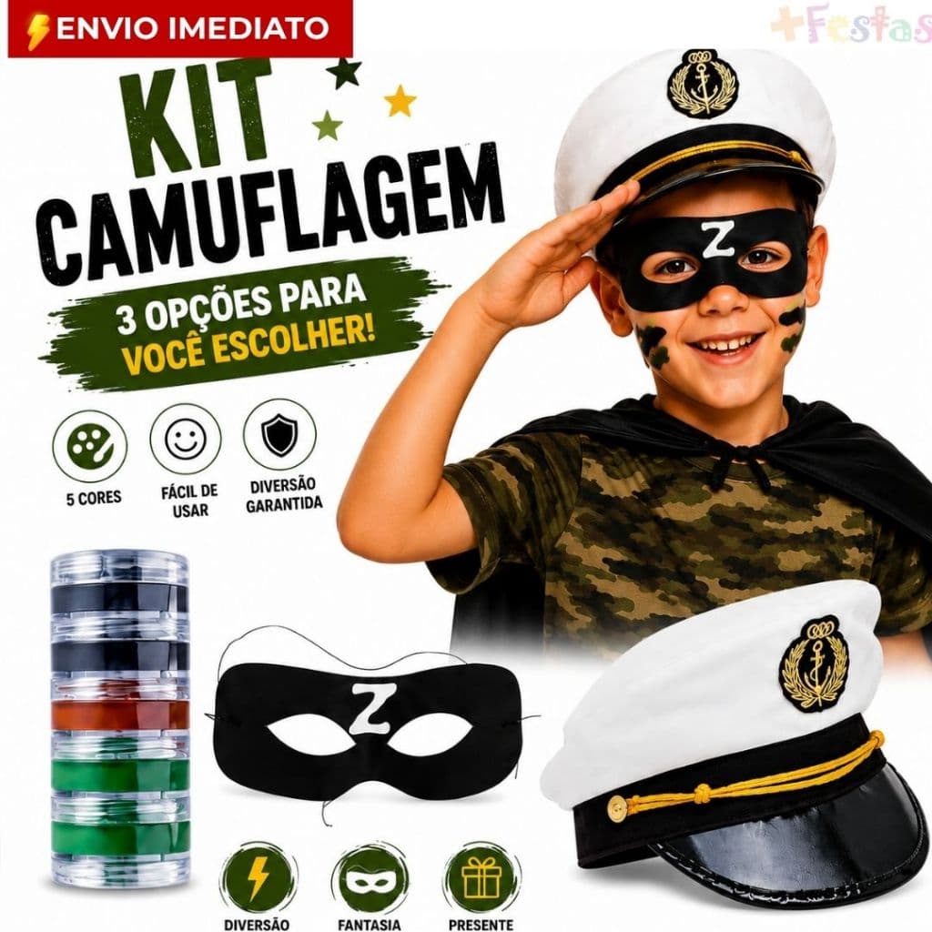 Kit Camuflagem Infantil com Tinta Facial Quepe Marinheiro ou Máscara Fantasia Festa Crianças