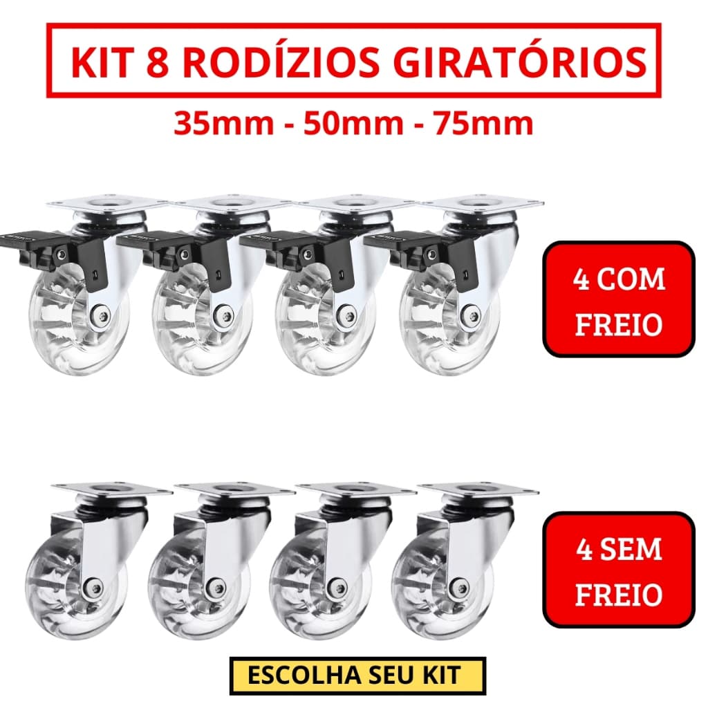 Kit 8 Rodizio Giratório Gel Rodinha Silicone 4 Com Trava 4 Sem Trava - 35mm 50mm 75mm