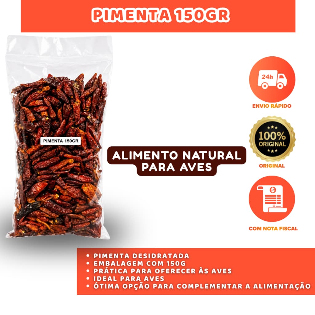PIMENTA DESIDRATADA 150G PARA PÁSSAROS – ALIMENTO NATURAL PARA AVES
