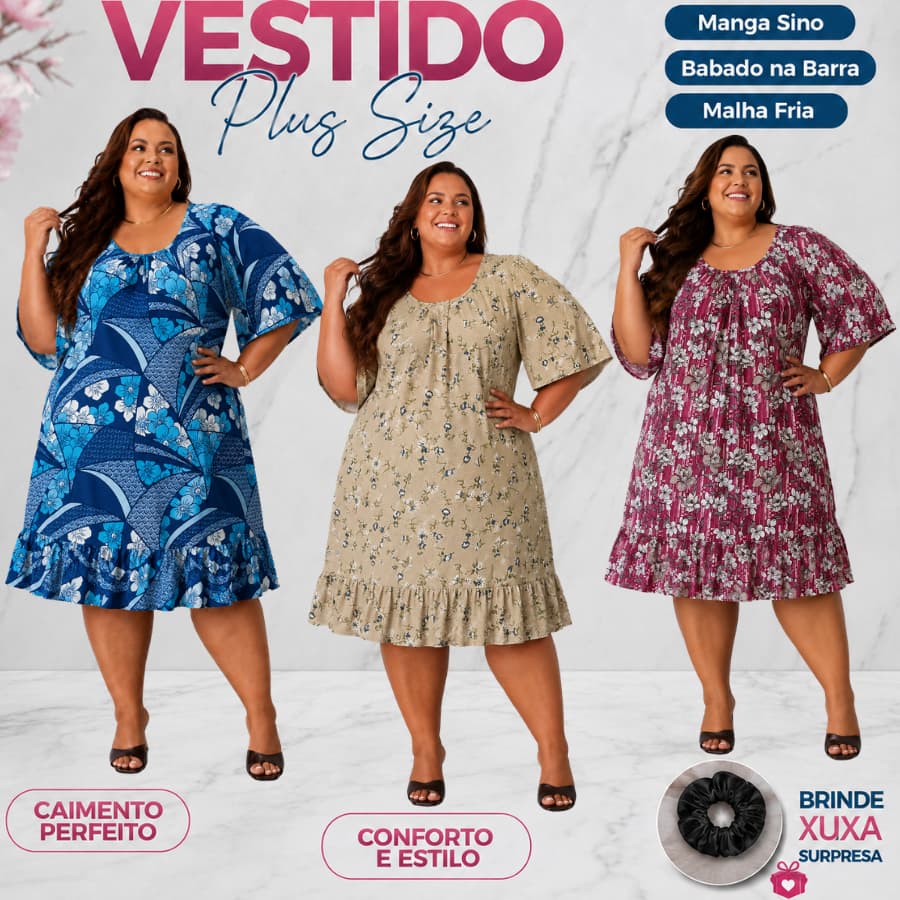 Vestido Babado Feminino Plus Size Estampado Mídi Malha Fria Moda Cristã