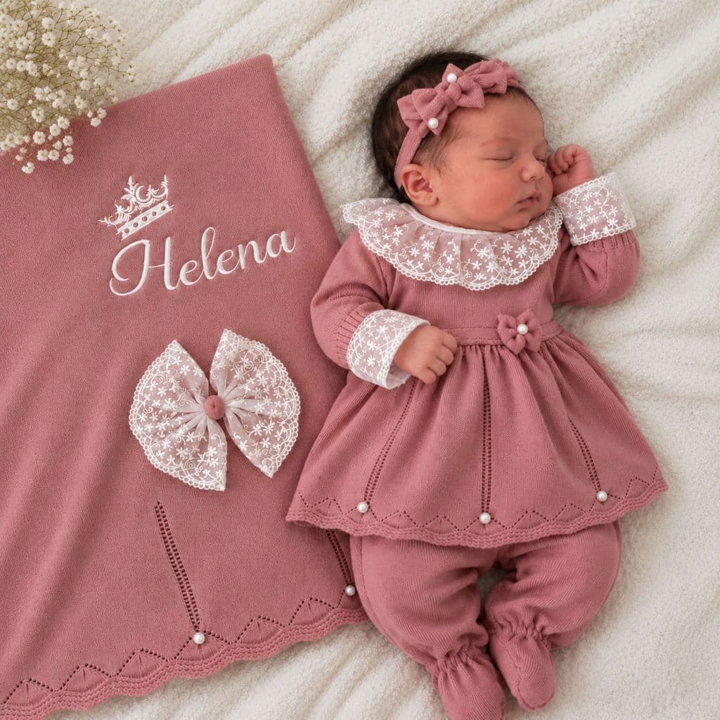 Saida de Maternidade Tricot Menina Feminina Personalizada Nome Rosa Vermelha Rose