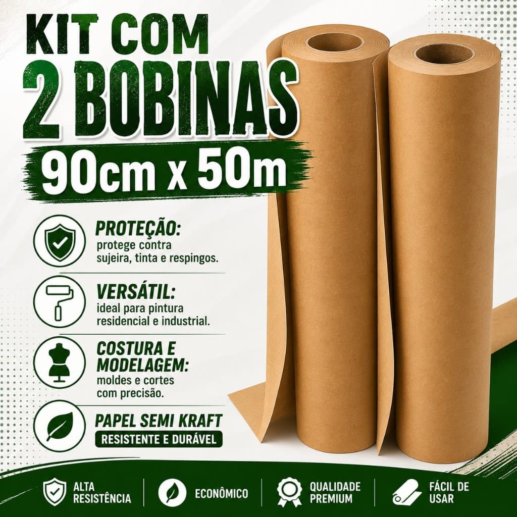 Kit 2 Bobinas Papel Semi Kraft 90cm x 50m para Pintura Mascaramento Embalagens Proteção Pisos e Móveis