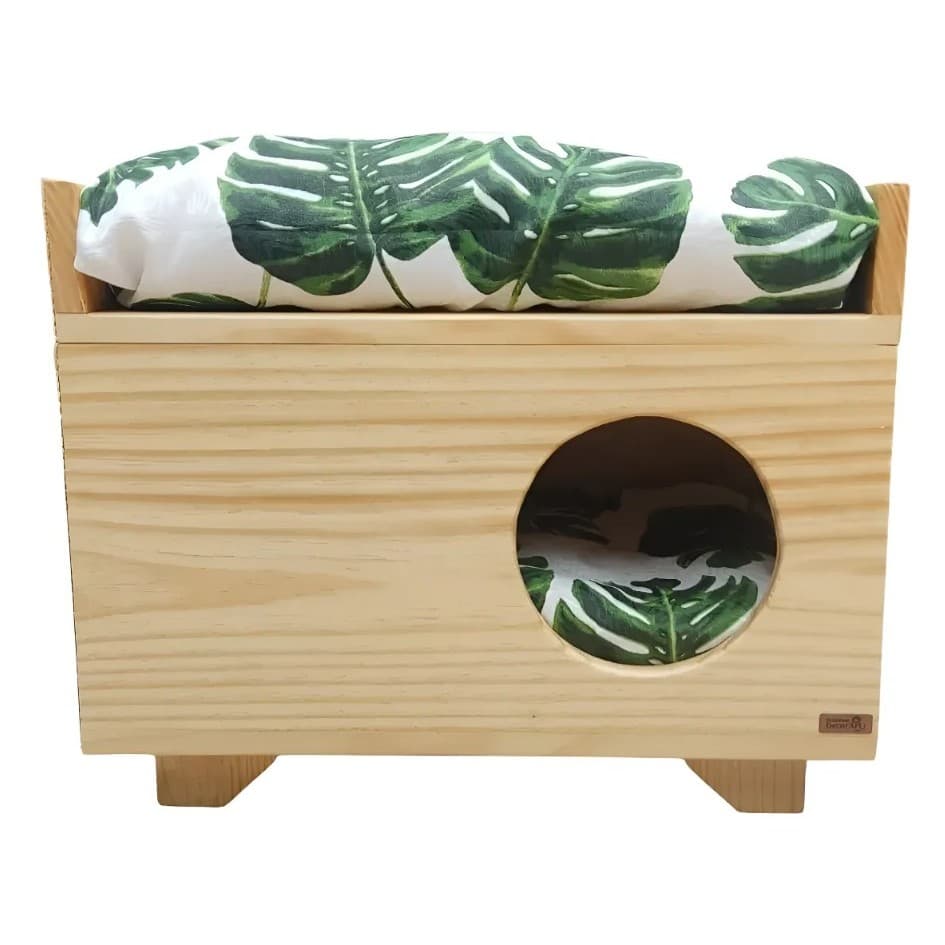 Casa Toca Nicho para Gato Em Madeira Com Almofadas Envernizada 60x40x50cm