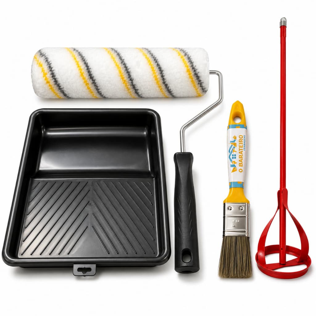 Kit Pintura Completo com Bandeja Rolo de Lã e Suporte pra Rolo Pincel 1” e Misturador de Tinta para Parede e Reforma