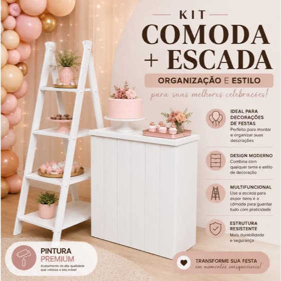 Kit Cômoda Fake + Escadinha MDF Decoração de Festa Infantil Pegue e Monte