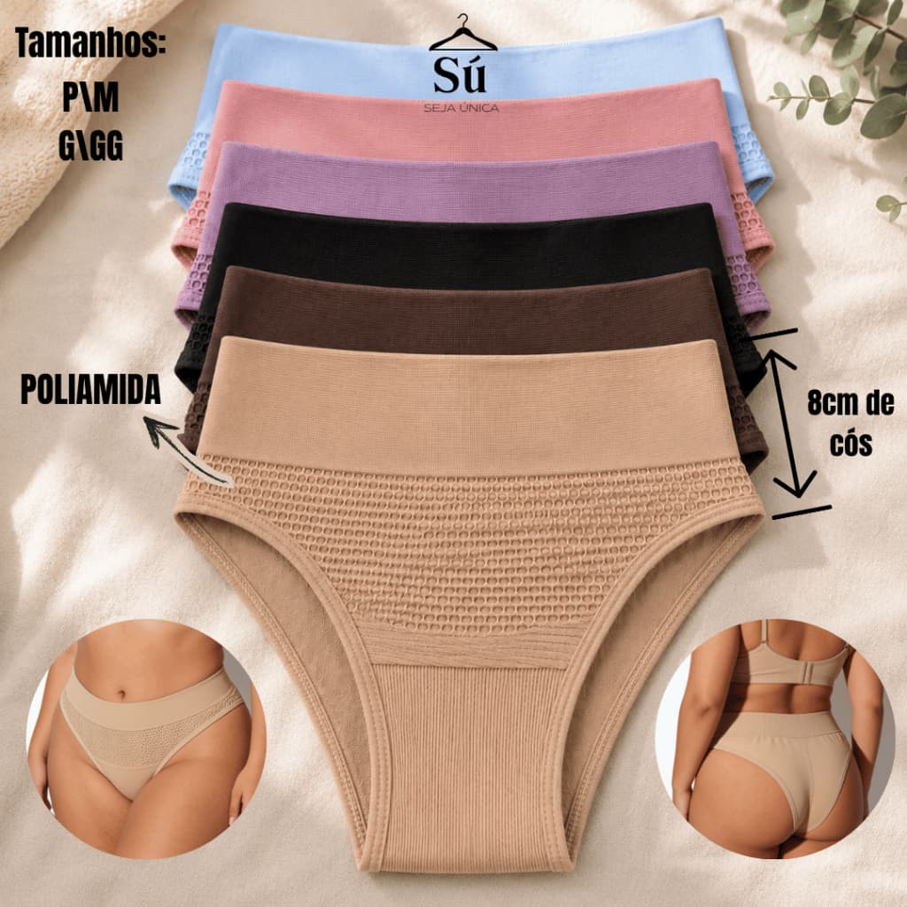 Kit 4 ou 2 Calcinhas Femininas Poliamida Premium Cós Alto Duplo Modeladora Conforto Total