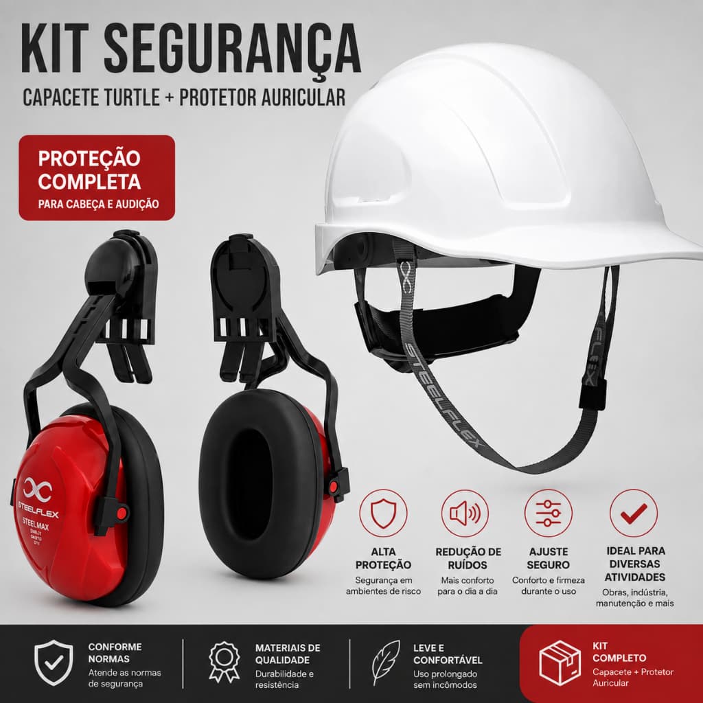 Capacete Segurança Steelflex Turtle Suspensão Lock + Abafador De Ruídos Concha Auditivo  15 db Para Acoplar Epoi Obra