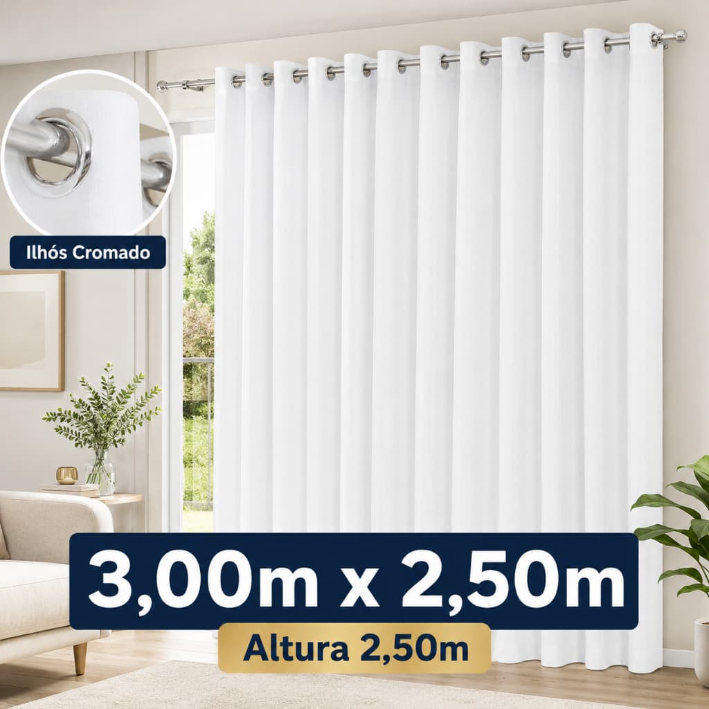 Cortina grande Ilhós Cromado 3 x 2,50 Alt Oxford Para Quarto Sala Escritório