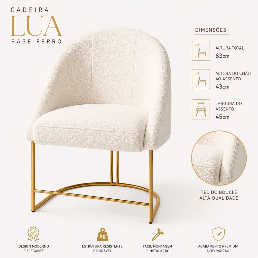 Poltrona Cadeira Jantar Lua Boucle Mesa Cozinha Base Pé Dourado Metálico