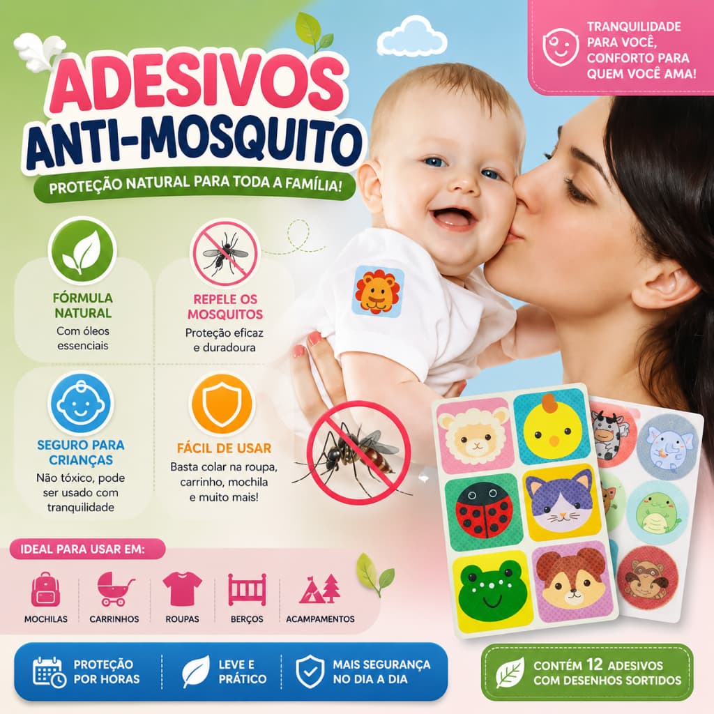 Kit 36 Adesivos Repelentes Infantil com Citronela – Patch Colorido Contra Mosquitos