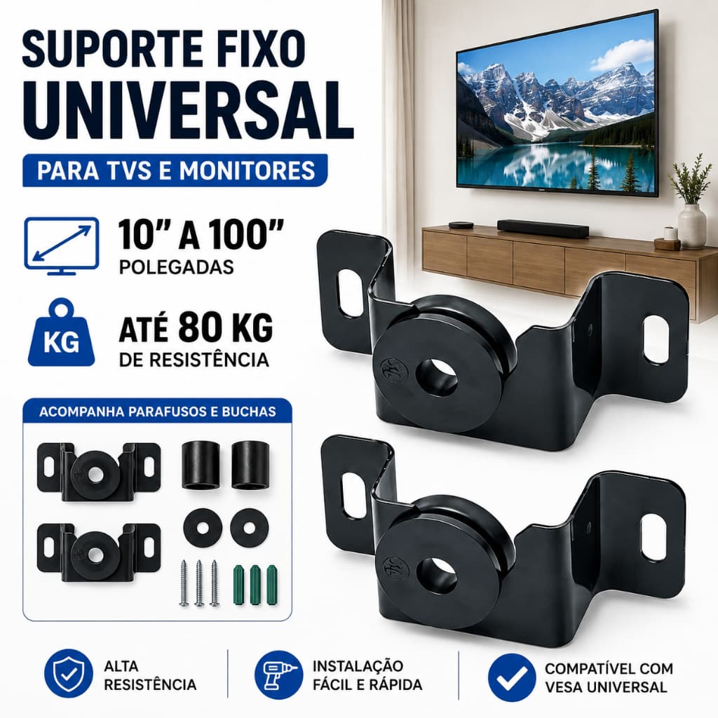 Suporte TV Universal Fixo Parede 10 a 100 Polegadas Até 80kg Smart TV LED LCD com Parafusos