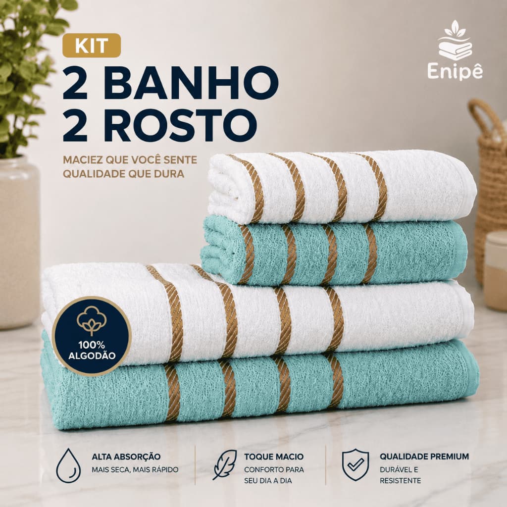 Jogo de Toalha 2 Banho 2 Rosto 100% Algodão 330g/m² Alta Absorção Macia 70x140 e 45x70