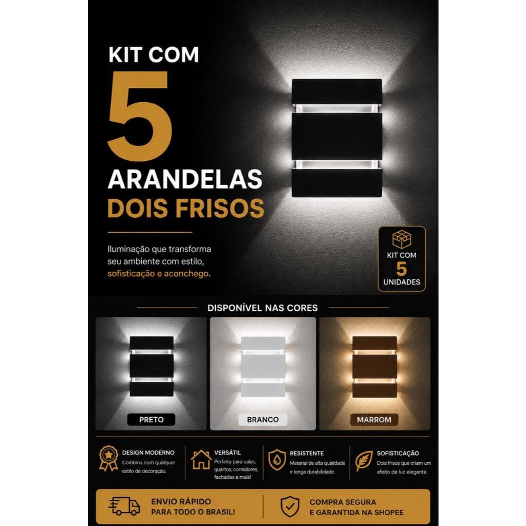 Kit 5 Arandela Luminária De Parede Slim 2 Focos 2 Frisos Uso Externo e Interno Acompanha Lâmpada Led 5w