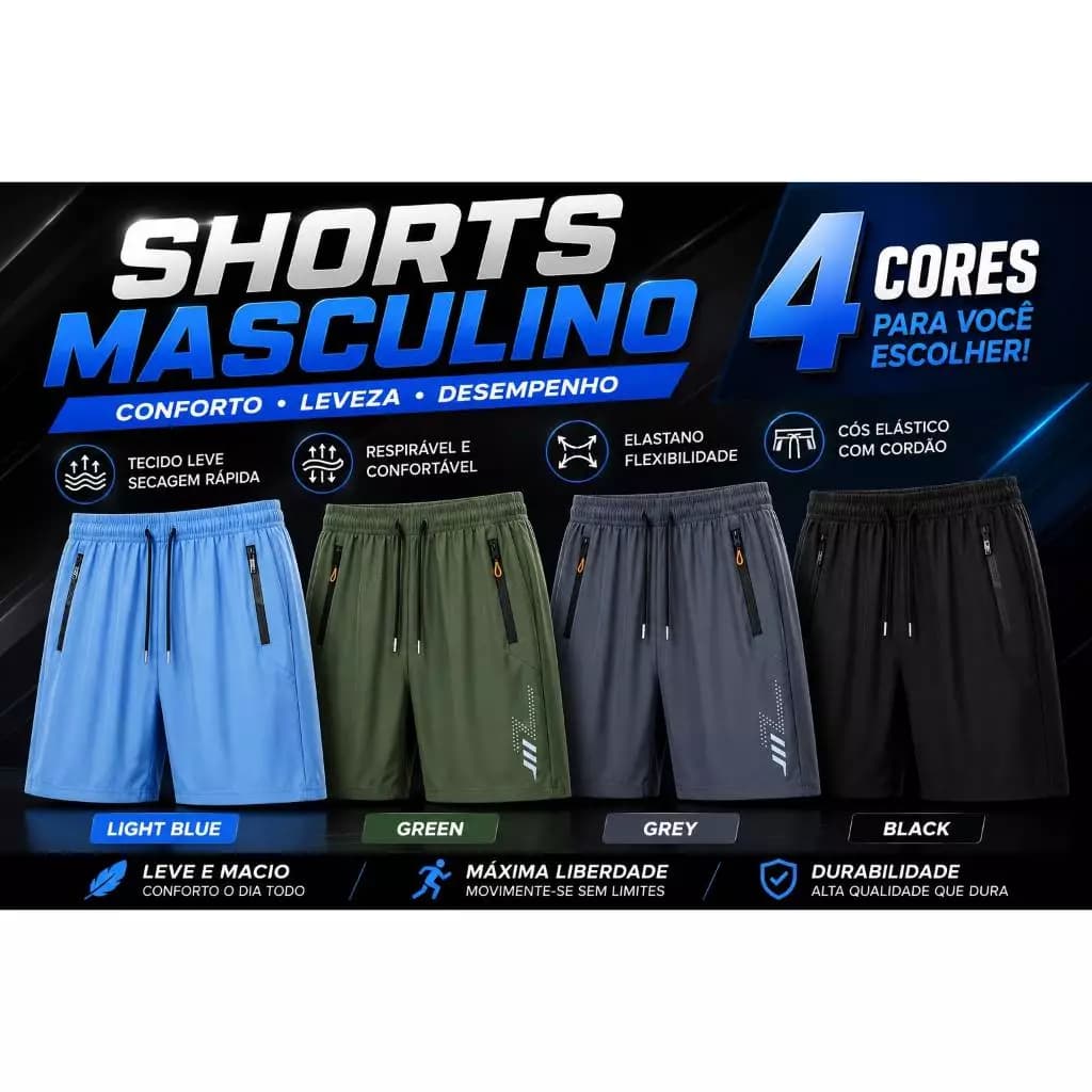(KIT 4 ) Shorts Masculino Super Leve | Secagem Rápida | Toque Gelado | Alta Elasticidade