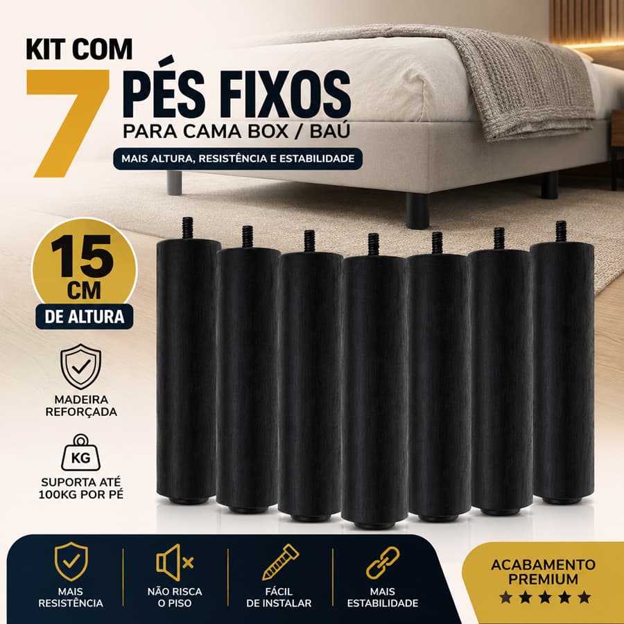 Kit 7 Pesinho Fixo Cama Box Baú Madeira Com 15cm Pé Casal Preto