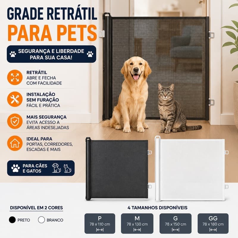 Grade de Proteção Retrátil para Cães e Gatos Portão Pet Extensível sem Furar Barreira para Porta Corredor e Casa