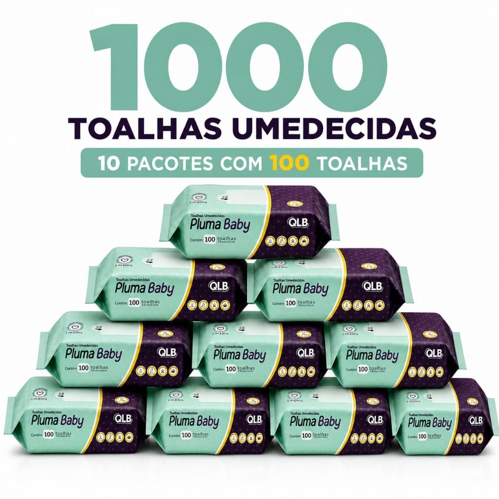 Caixa com 10 Lenços/Toalhas Umedecidas Pluma Baby c/ 100 Unidades Cada –Sem Tampa FlipTop
