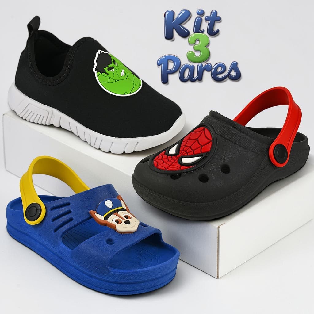 Kit 3 Pares Sandália Infantil Menino Confortável e Tenis Masculino Calce Facil