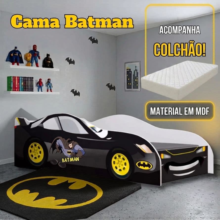 Cama Infantil Batman com Colchão e Grade de Proteção Lateral em MDF